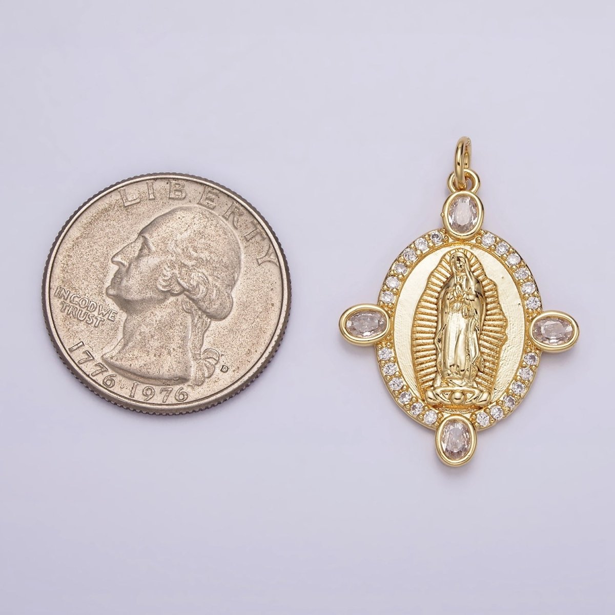 24K Gold Filled Lady Guadalupe Mother Mary Micro Paved Oval CZ Charm | N990