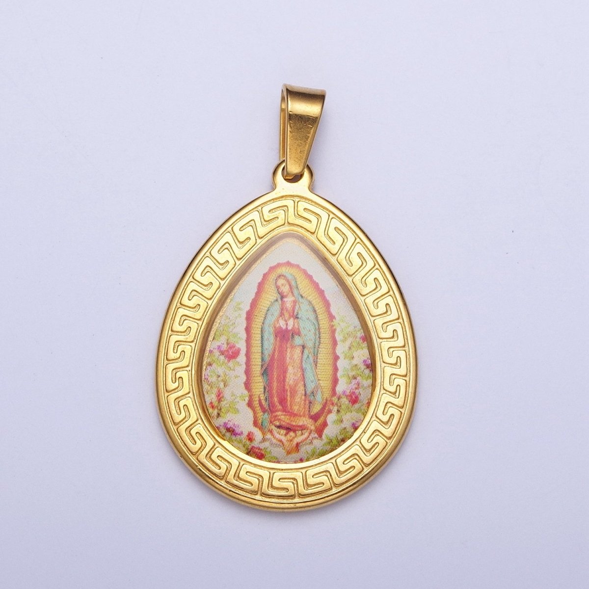 24K Gold Filled Lady Guadalupe Pendant Tear Drop Medallion Virgin Mary Charm X-649