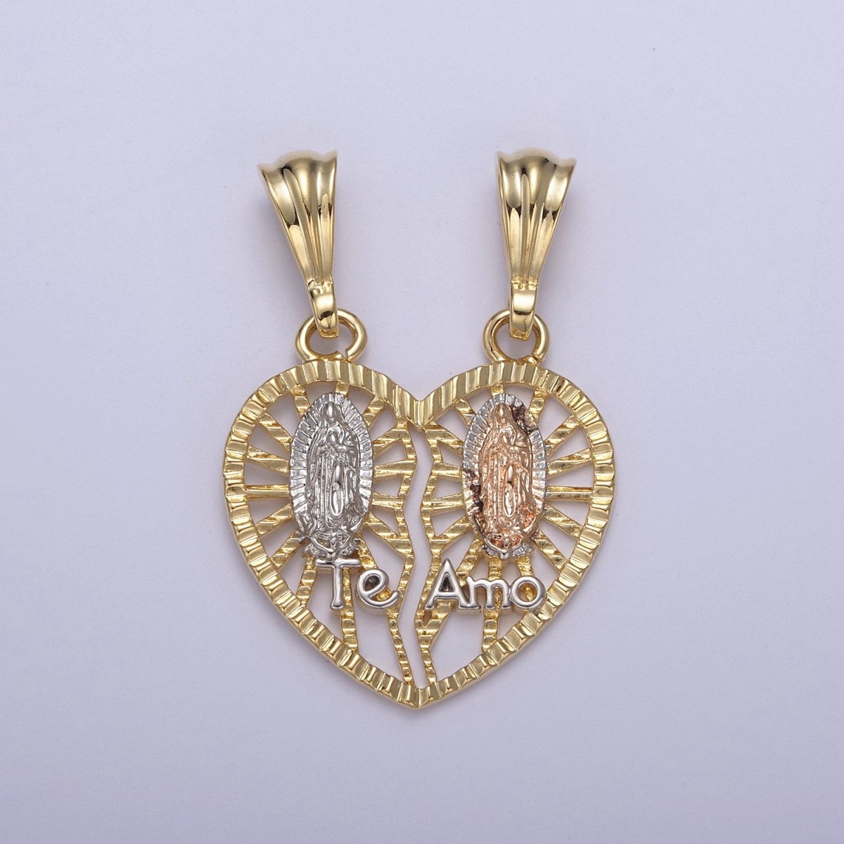 24k Gold Filled Lady Guadalupe Virgin Mary Pendant, Gold Guadalupe Te Amo Breakable Heart Pendant N-587