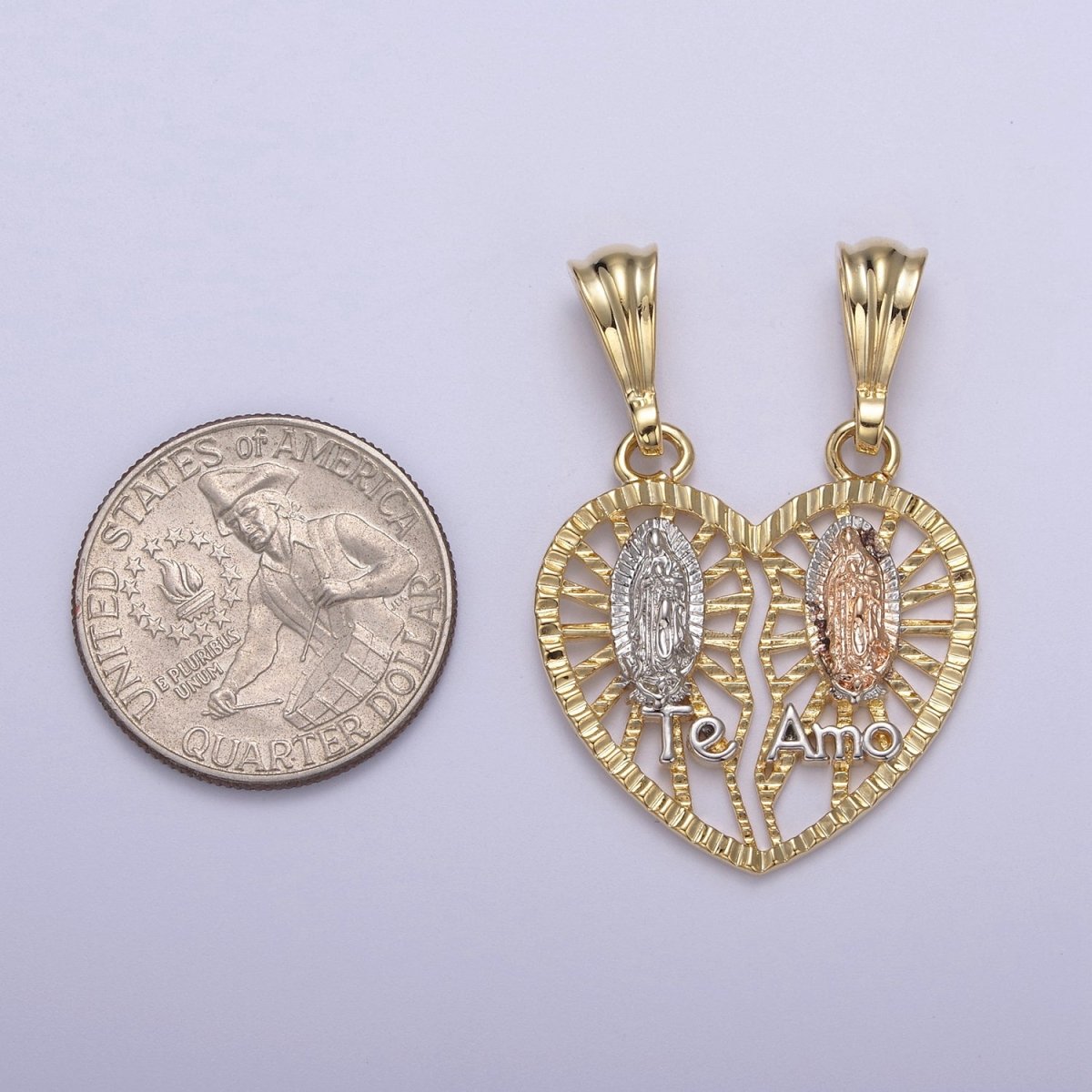 24k Gold Filled Lady Guadalupe Virgin Mary Pendant, Gold Guadalupe Te Amo Breakable Heart Pendant N-587