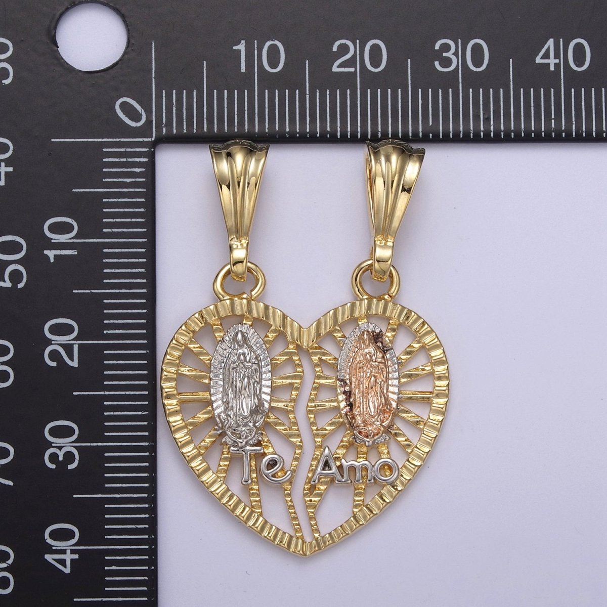 24k Gold Filled Lady Guadalupe Virgin Mary Pendant, Gold Guadalupe Te Amo Breakable Heart Pendant N-587