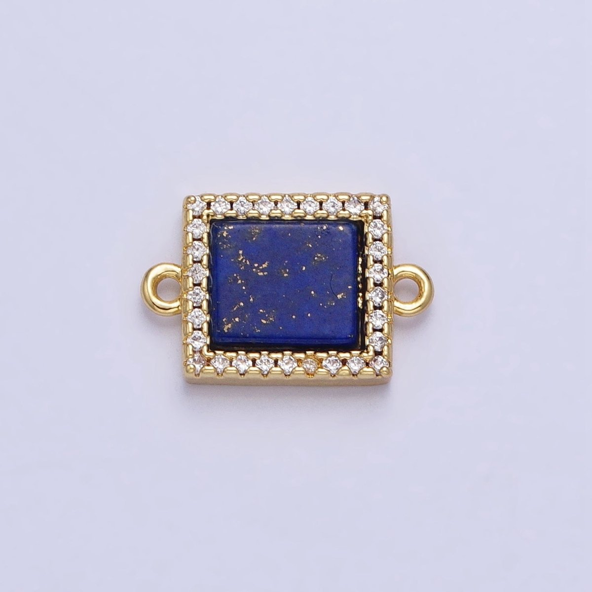 24K Gold Filled Lapis Lazuli Natural Gemstone Micro Paved CZ Flat Rectangular Connector | Y-790