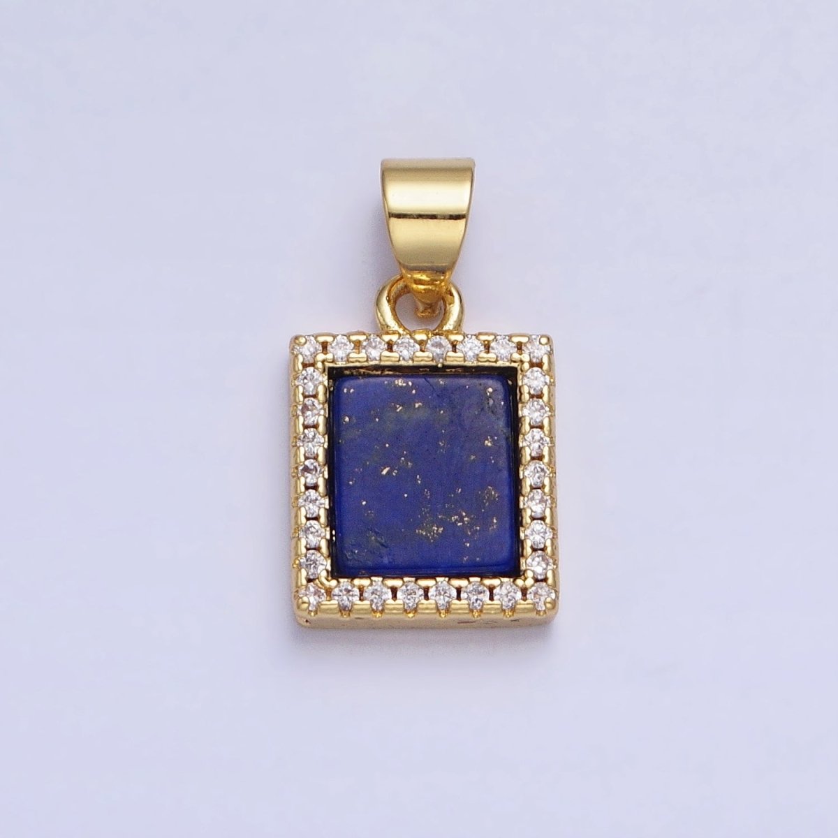 24K Gold Filled Lapis Lazuli Natural Gemstone Micro Paved CZ Rectangular Pendant | AA-181