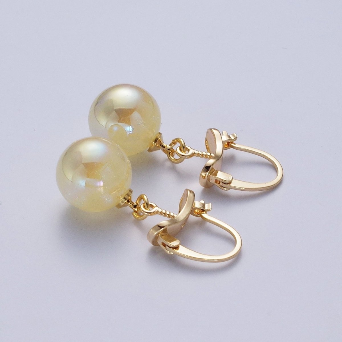 24K Gold Filled Leverback Earrings Small Hoop Earrings with Round Ball Pastel AB Color Drop Q-204 Q-216 Q-318
