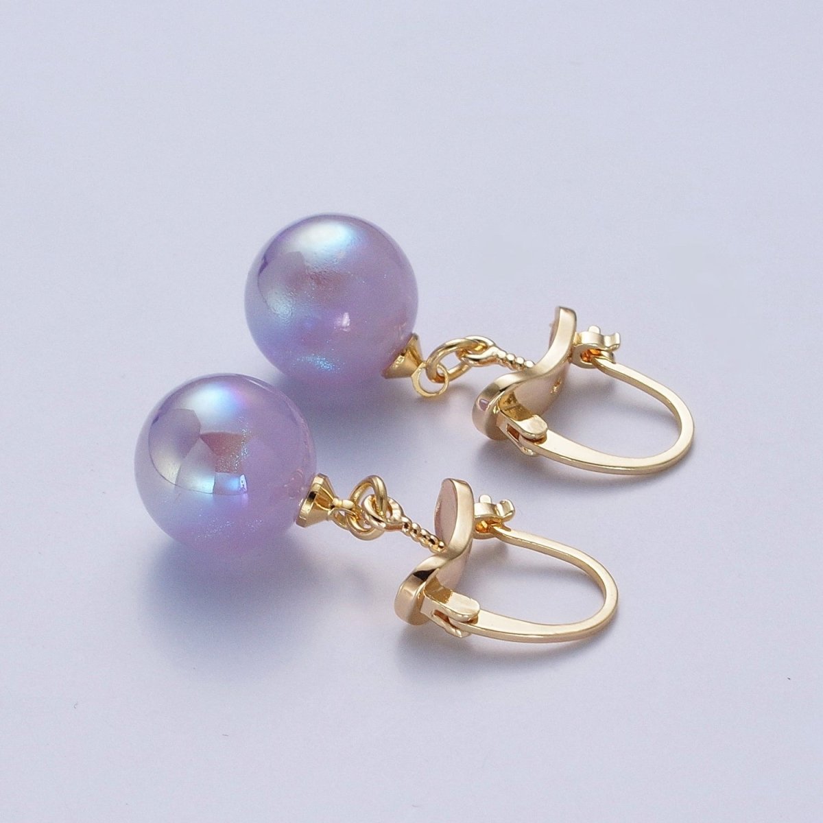 24K Gold Filled Leverback Earrings Small Hoop Earrings with Round Ball Pastel AB Color Drop Q-204 Q-216 Q-318