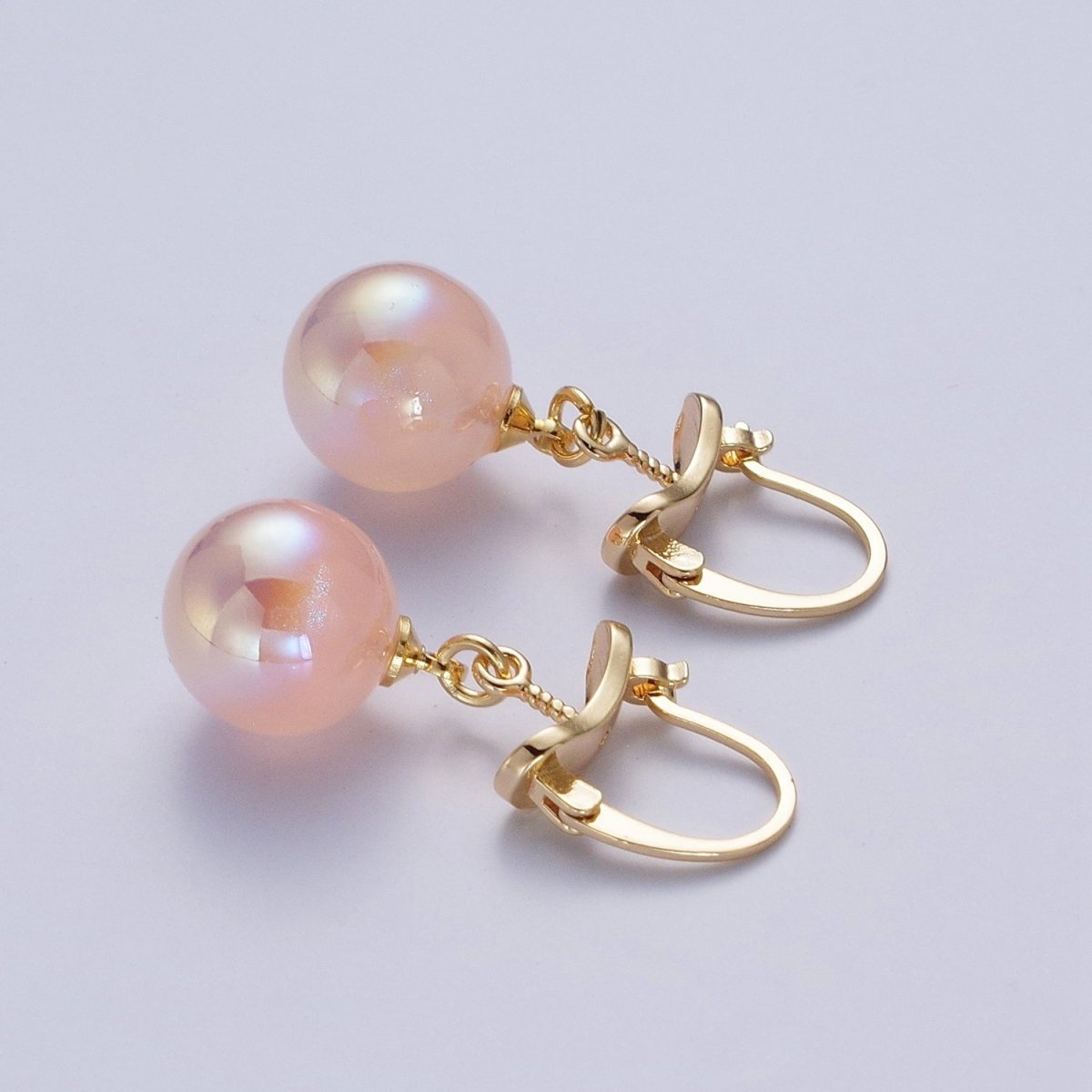 24K Gold Filled Leverback Earrings Small Hoop Earrings with Round Ball Pastel AB Color Drop Q-204 Q-216 Q-318