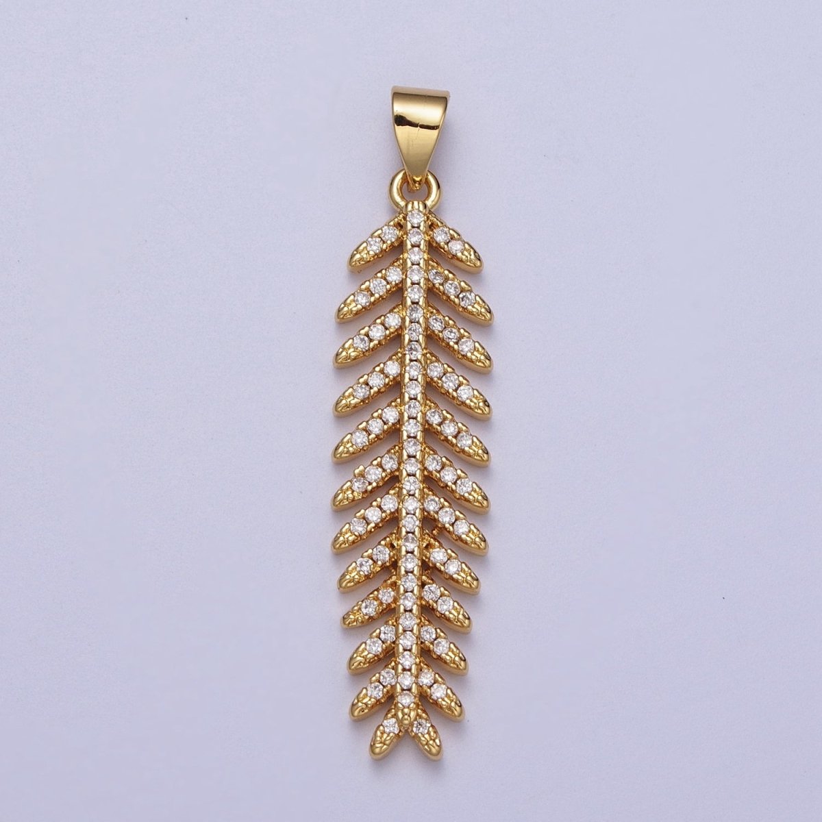 24K Gold Filled Long Majesty Palm Leaf Micro Paved CZ Pendant  I-315