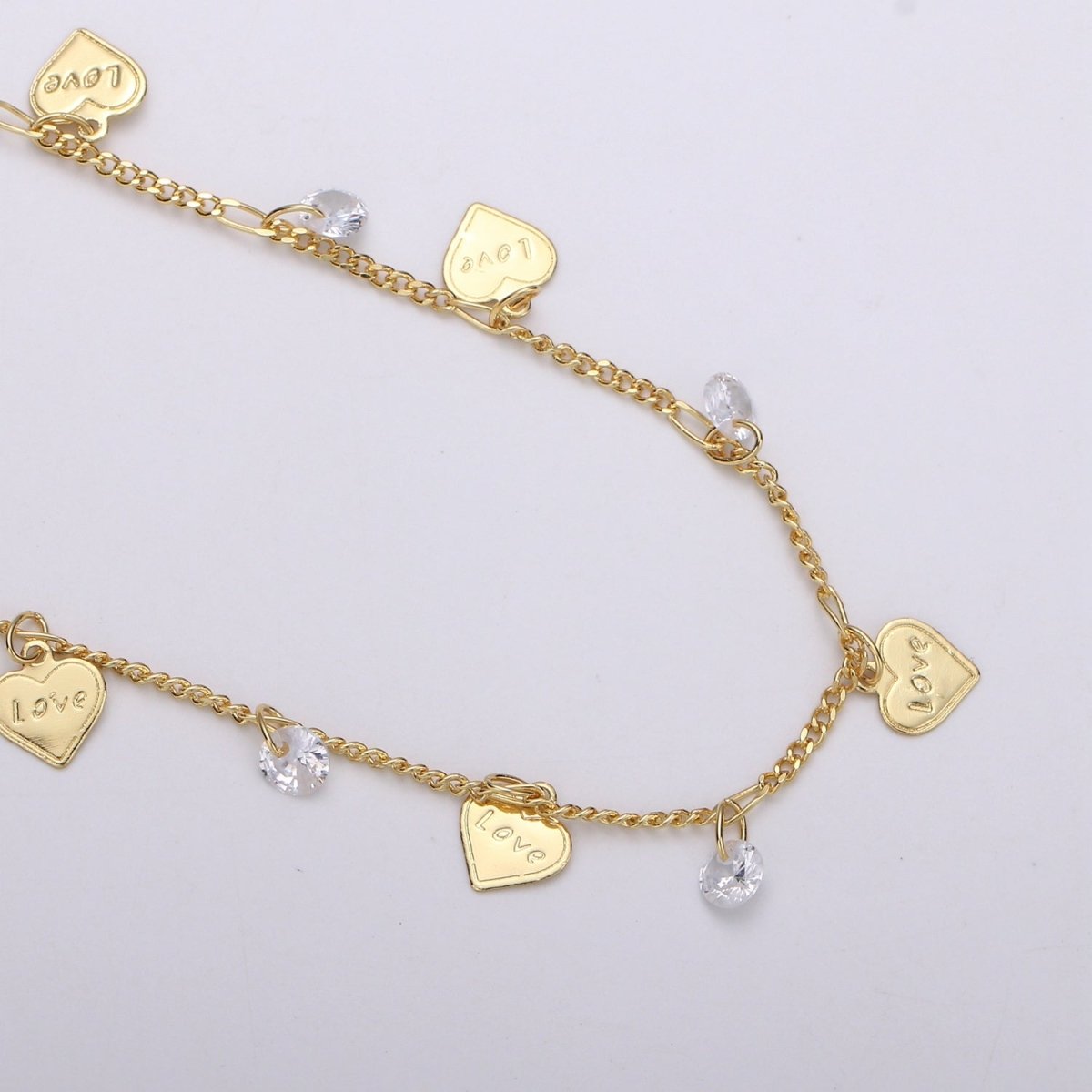 24K Gold Filled Love Charmed Cubic Chain by Yard, Heart CZ Charm Twisted Curb Chain by Yard, Curb Designed Unfinished Chain For Necklace Making | ROLL-323 Clearance Pricing