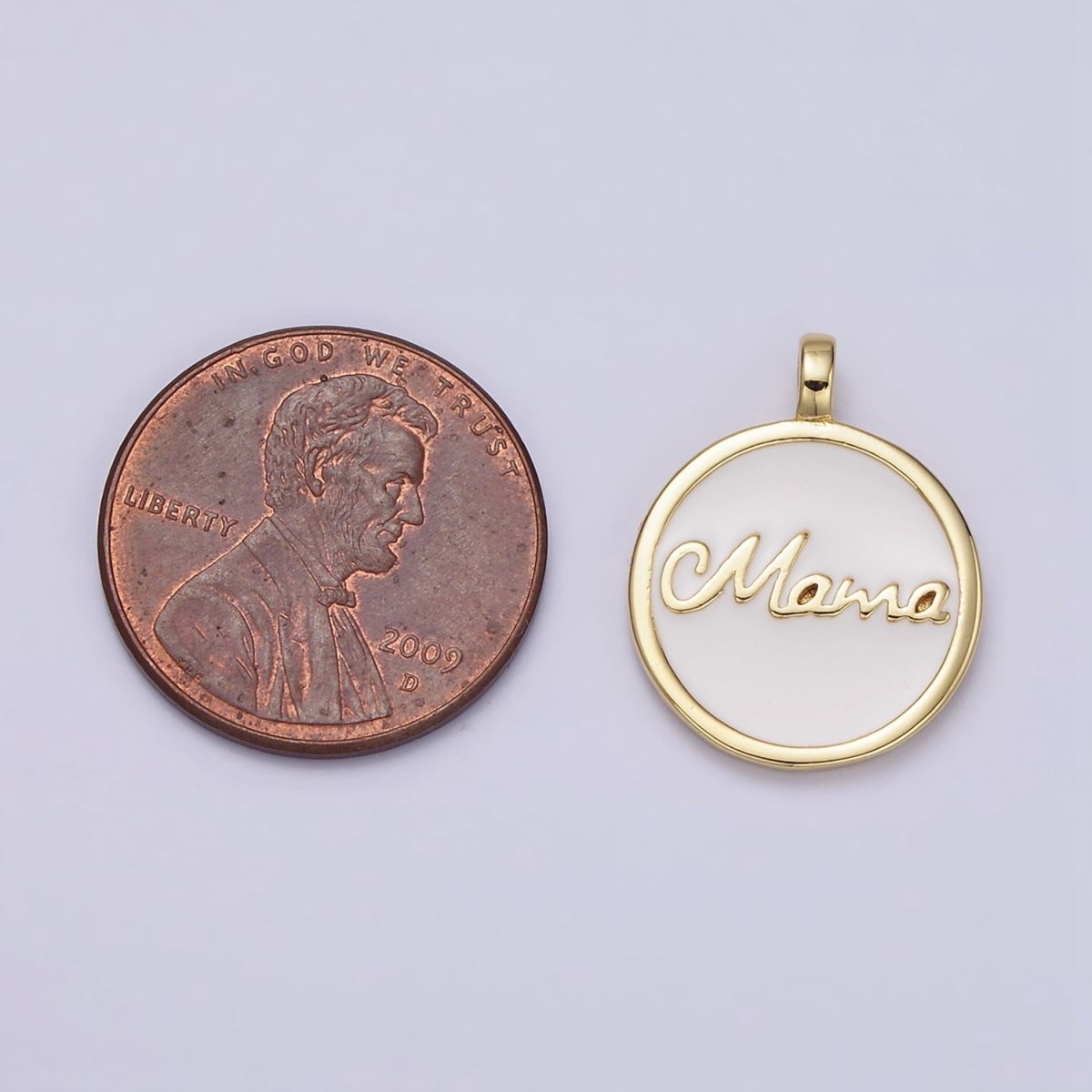 24K Gold Filled "Mama" Script White Enamel Round Medallion Charm | AC1422