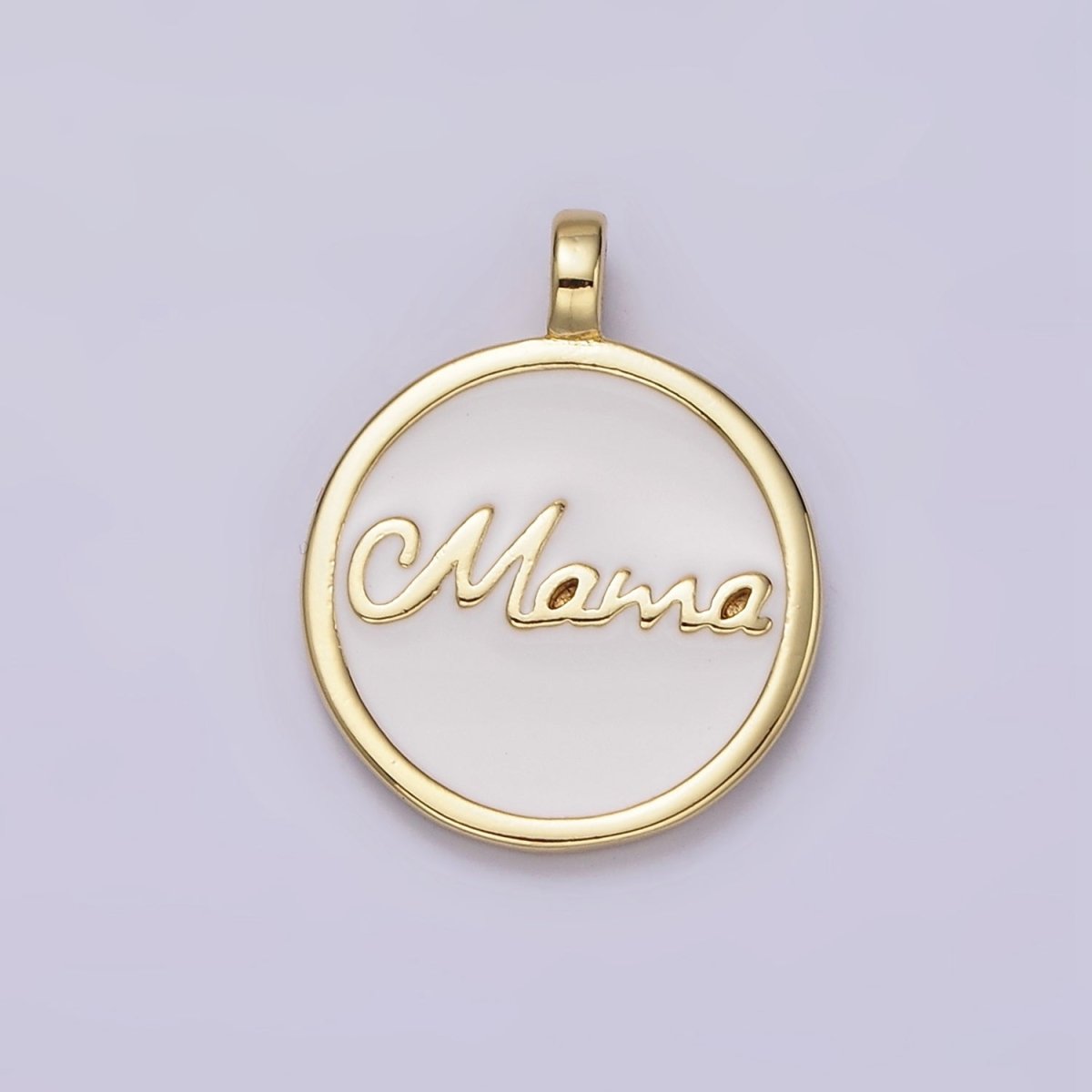 24K Gold Filled "Mama" Script White Enamel Round Medallion Charm | AC1422