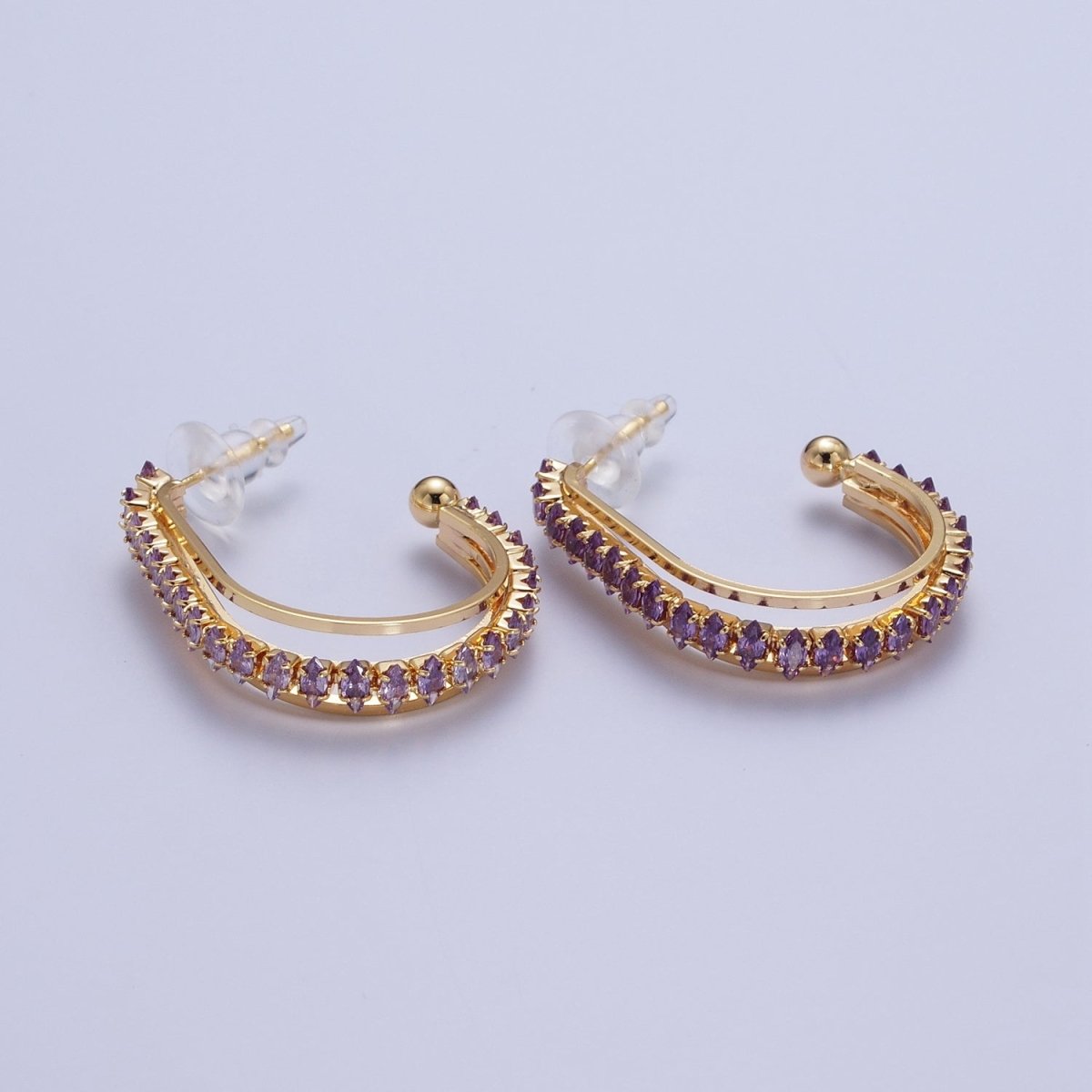 24K Gold Filled Marquise Cubic Zirconia Multiple Band J-Hoop Stud Earrings | AD-493 AD-536~AD-542