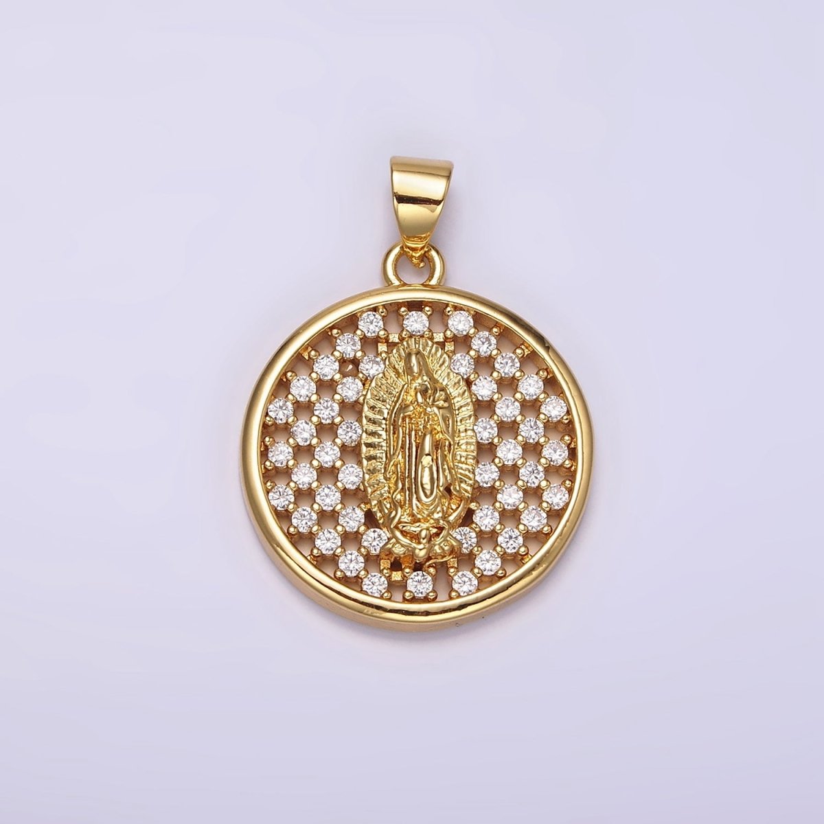 24K Gold Filled Mary Lady Guadalupe Religious Open Clear CZ Checkered Round Charm | N1947