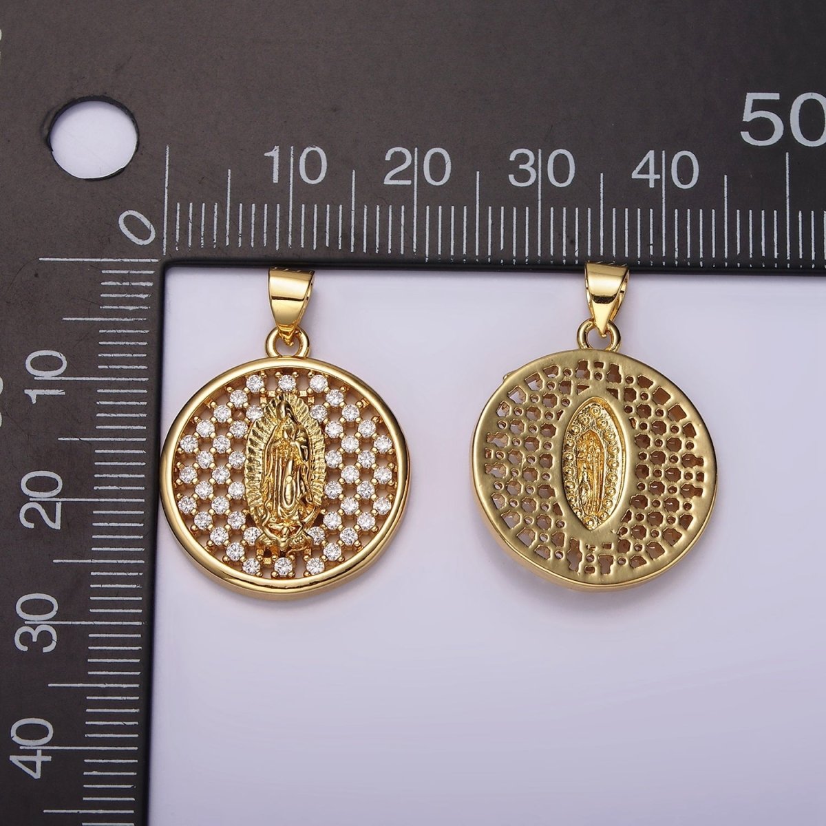 24K Gold Filled Mary Lady Guadalupe Religious Open Clear CZ Checkered Round Charm | N1947