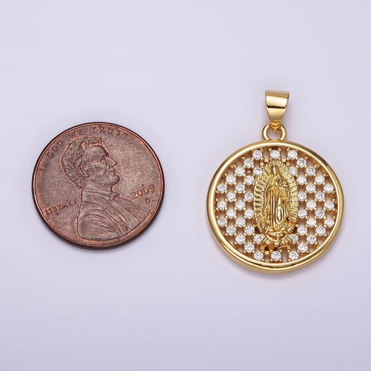 24K Gold Filled Mary Lady Guadalupe Religious Open Clear CZ Checkered Round Charm | N1947