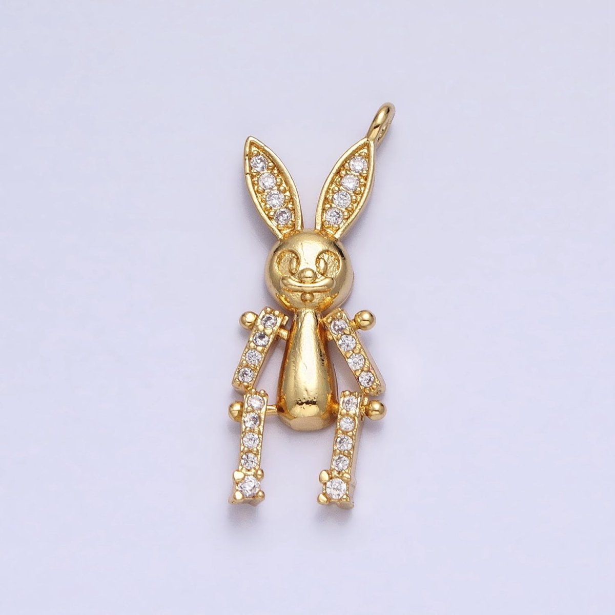 24K Gold Filled Mechanical Smiling Rabbit Bunny Micro Paved CZ Charm | AC587