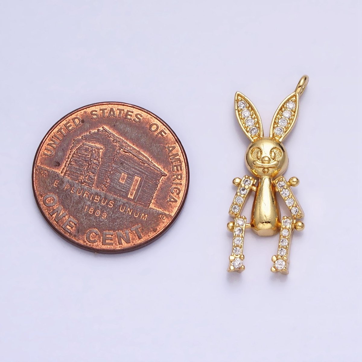 24K Gold Filled Mechanical Smiling Rabbit Bunny Micro Paved CZ Charm | AC587