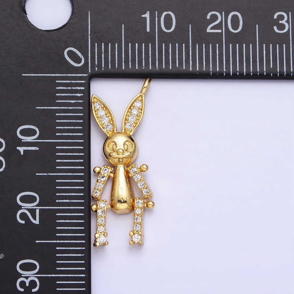 24K Gold Filled Mechanical Smiling Rabbit Bunny Micro Paved CZ Charm | AC587