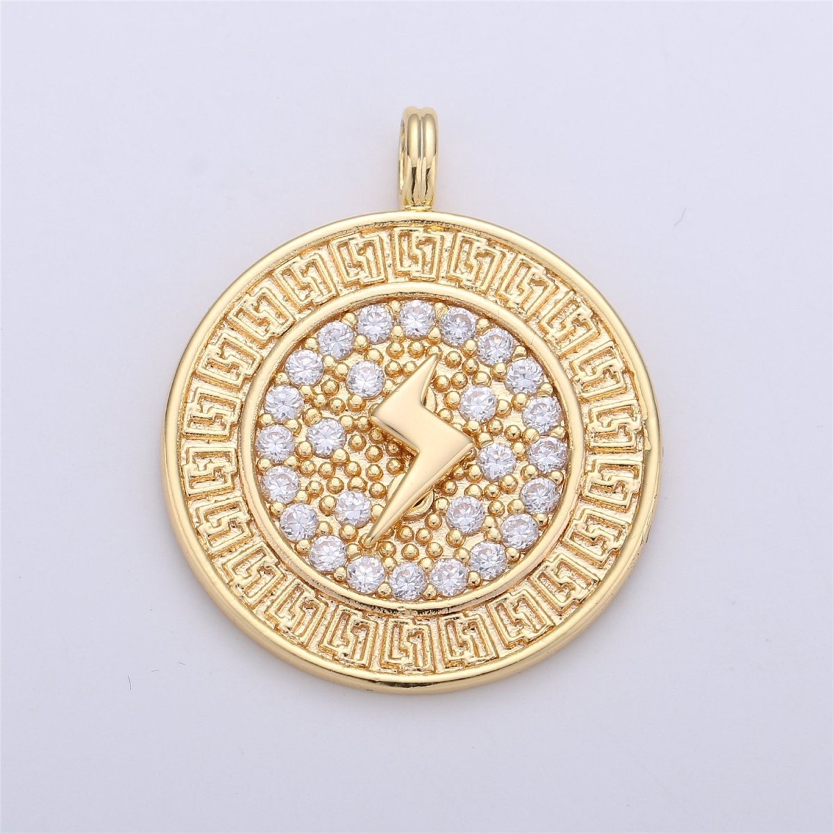 24k Gold Filled Medallion Lightning Bolt Charm, CZ Micro Pave Lightning Bolt Charm Pendant, Thunder Charm 32x26mm C-658
