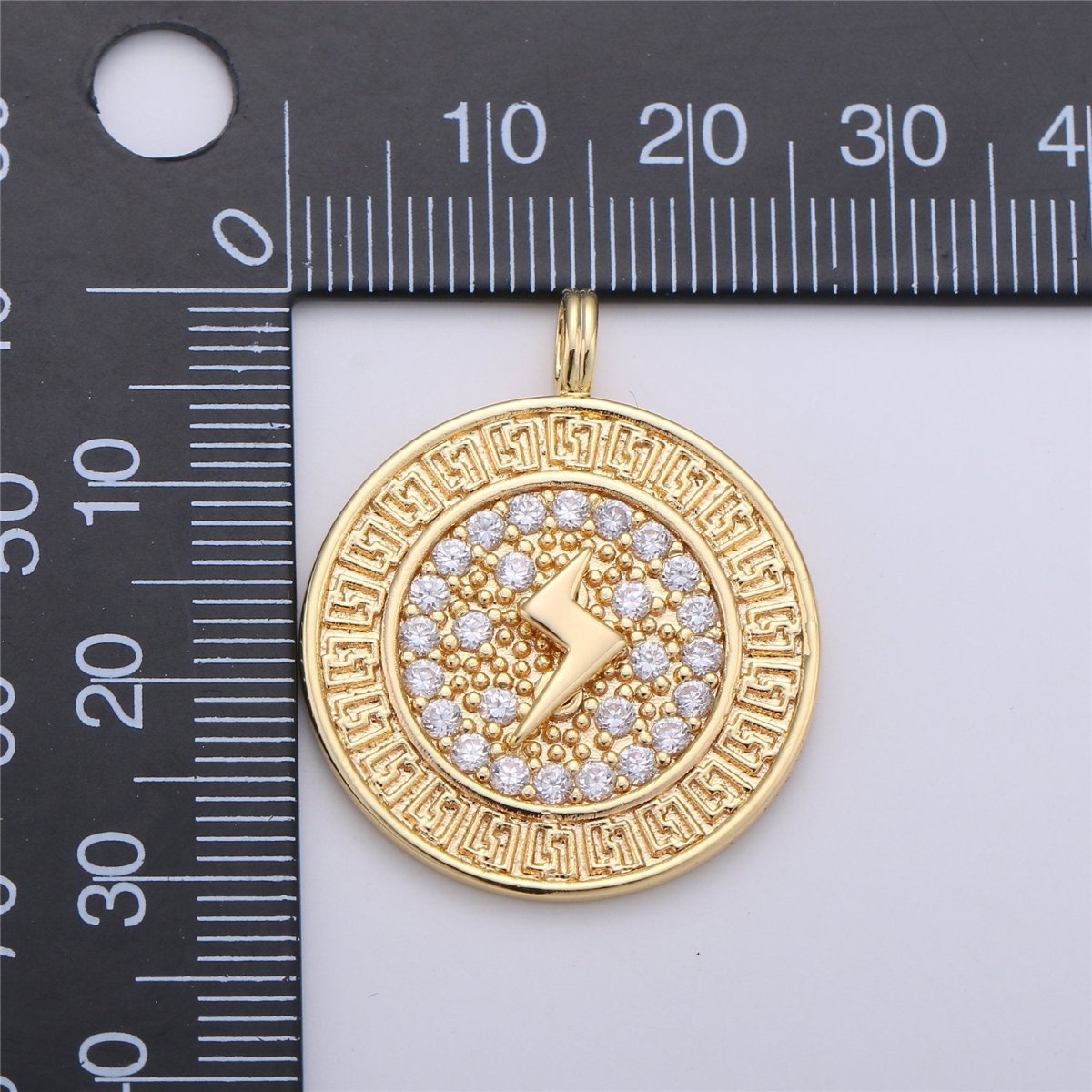 24k Gold Filled Medallion Lightning Bolt Charm, CZ Micro Pave Lightning Bolt Charm Pendant, Thunder Charm 32x26mm C-658