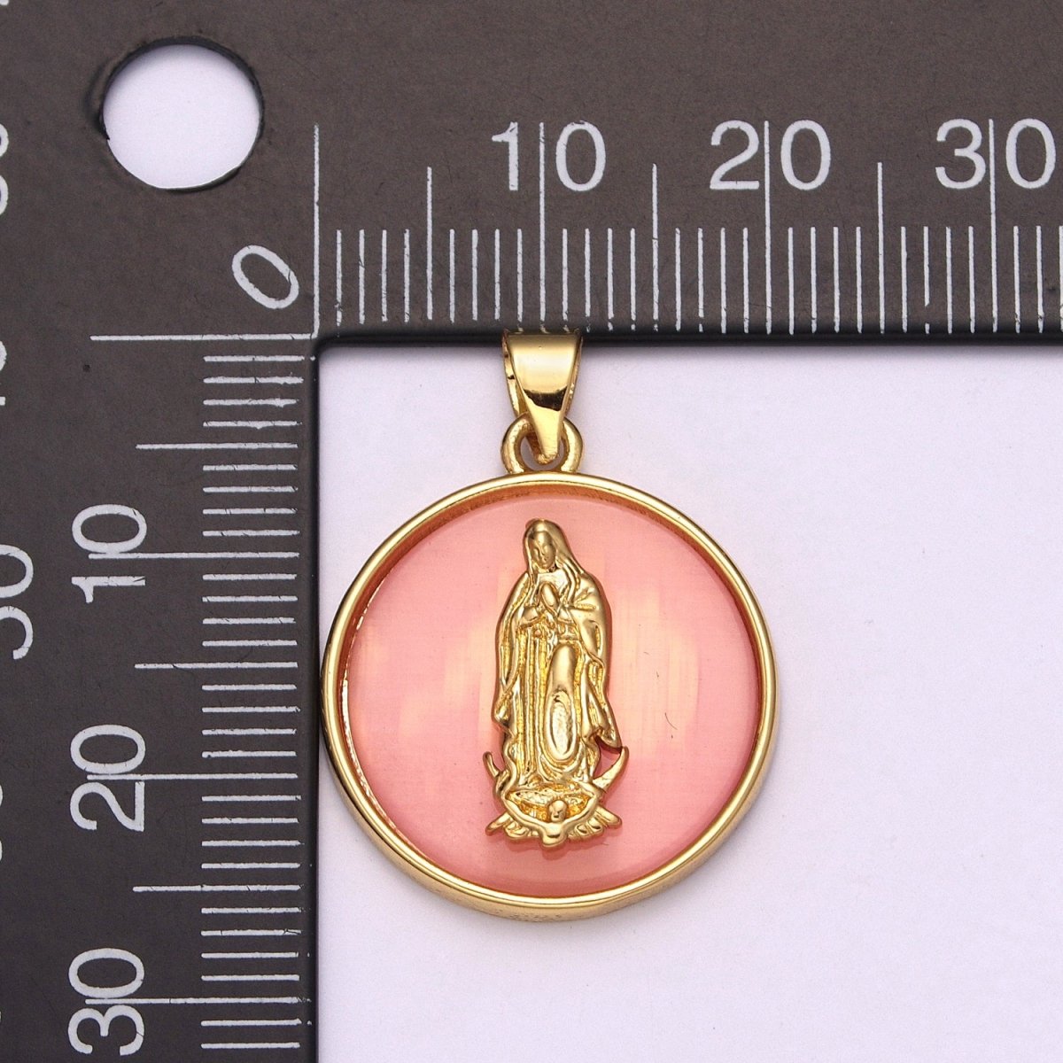24k Gold Filled Medallion Pink Virgin Mary Pendant Dainty Coin Charm Pendant for Necklace Bracelet / N-1436