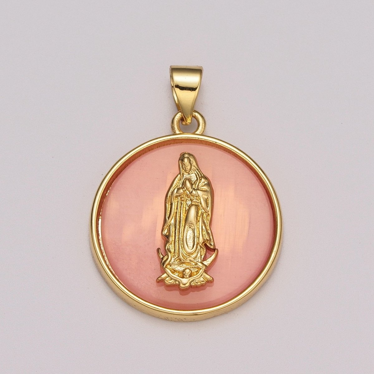 24k Gold Filled Medallion Pink Virgin Mary Pendant Dainty Coin Charm Pendant for Necklace Bracelet / N-1436