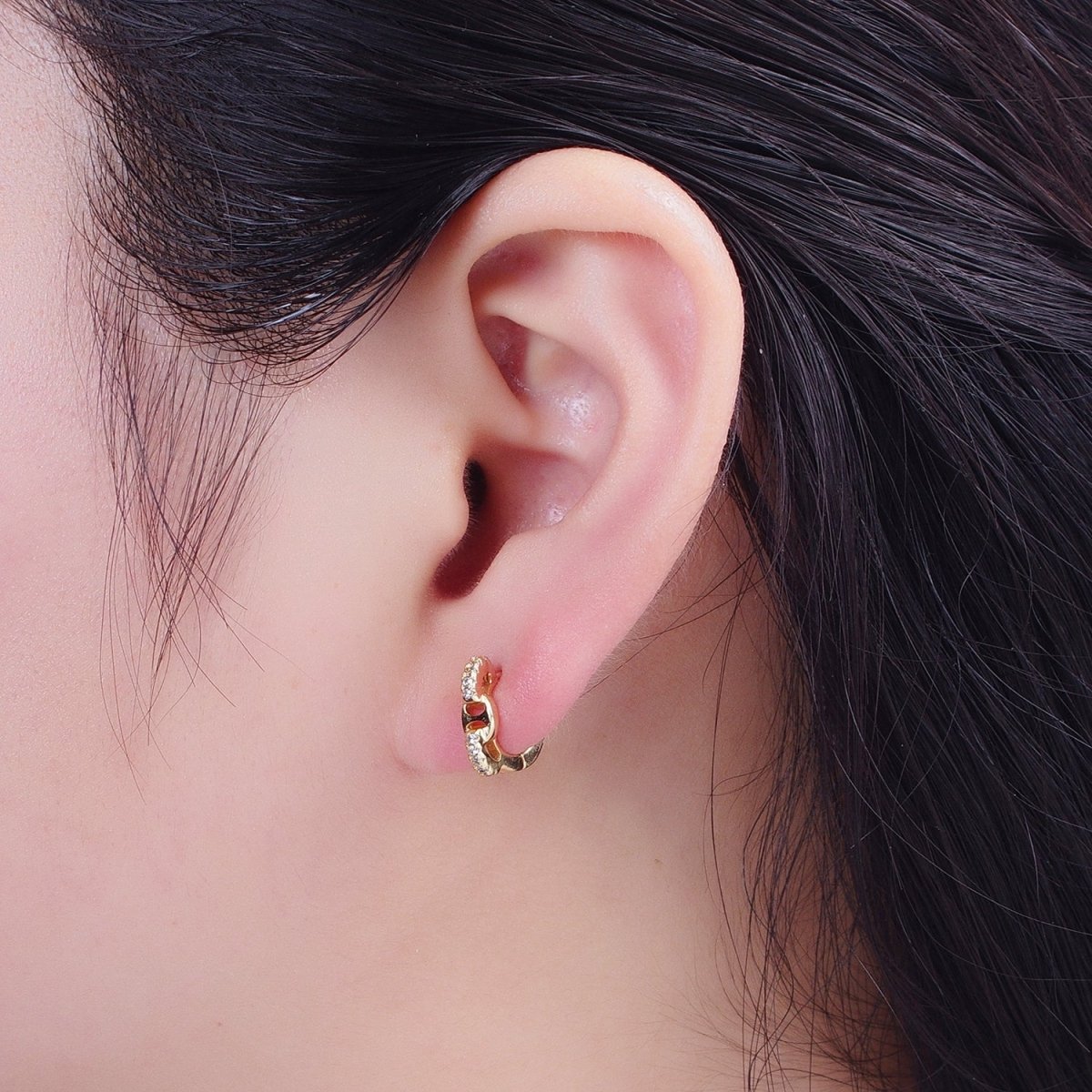 24K Gold Filled Micro Pave Chain Link Huggie Hoop Earrings T-035