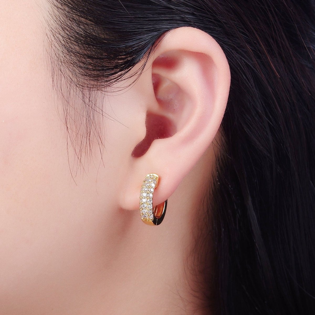 24K Gold Filled Micro Pave Clear CZ Huggie Hoops Earrings, P-360