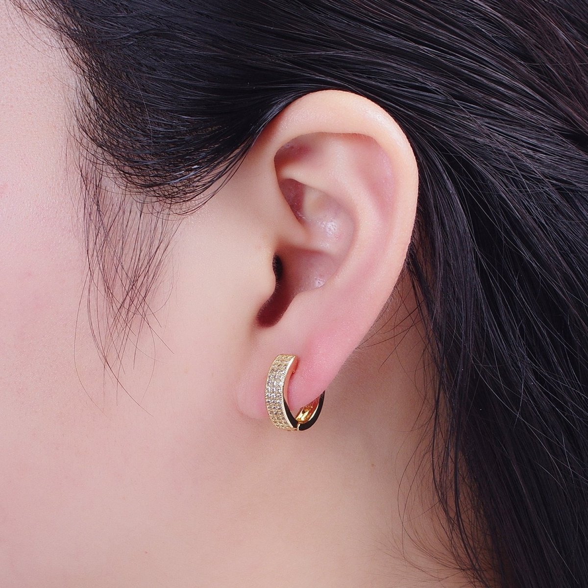 24K Gold Filled Micro Pave Cubic Zirconia 14x15.5mm Huggie Hoop Earrings  T-107