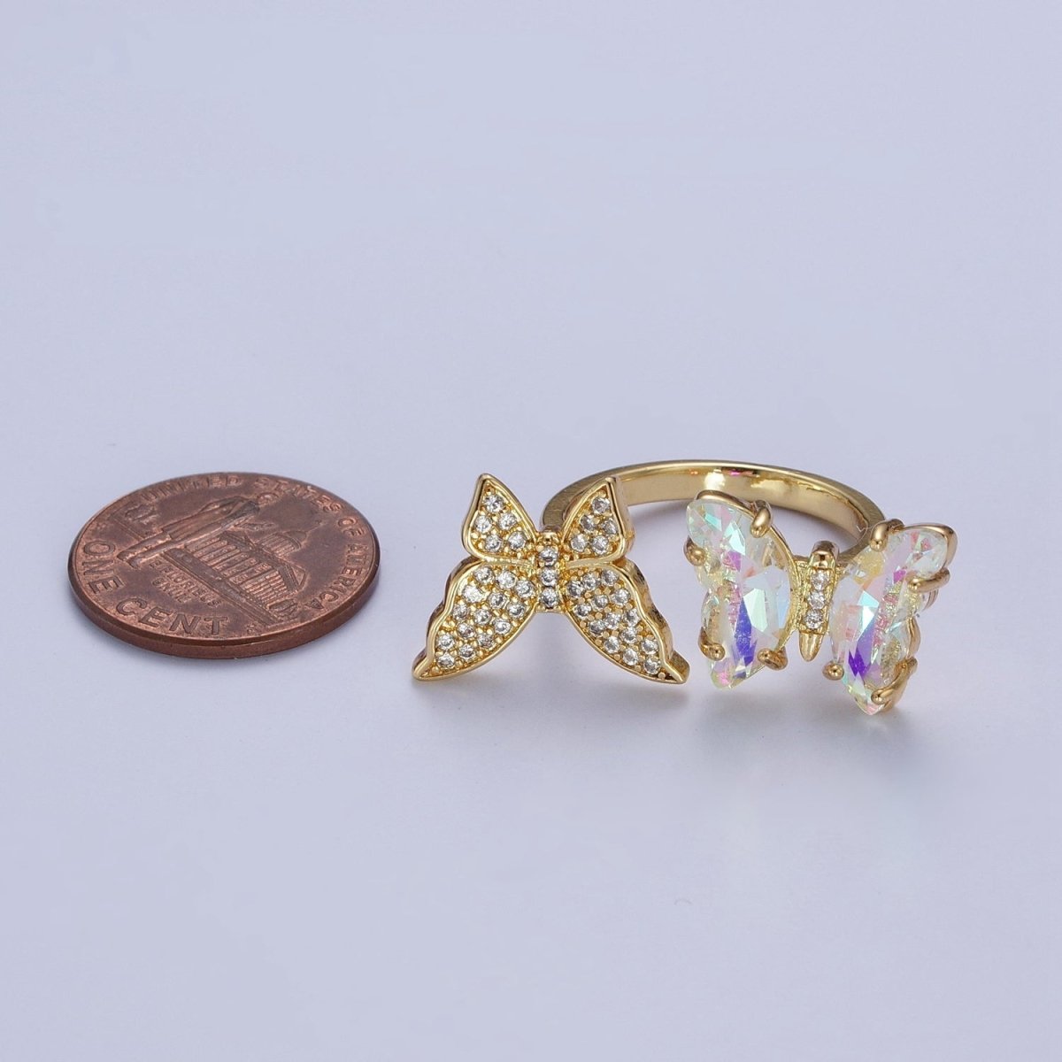 24K Gold Filled Micro Pave Cubic Zirconia Butterfly & Acrylic Mariposa Double Insect Butterfly Open Ring S-243