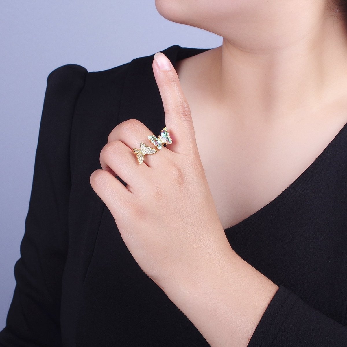 24K Gold Filled Micro Pave Cubic Zirconia Butterfly & Acrylic Mariposa Double Insect Butterfly Open Ring S-243