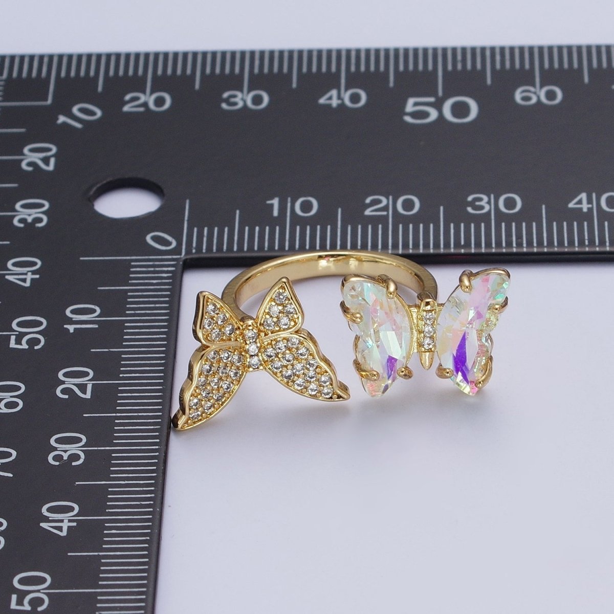 24K Gold Filled Micro Pave Cubic Zirconia Butterfly & Acrylic Mariposa Double Insect Butterfly Open Ring S-243