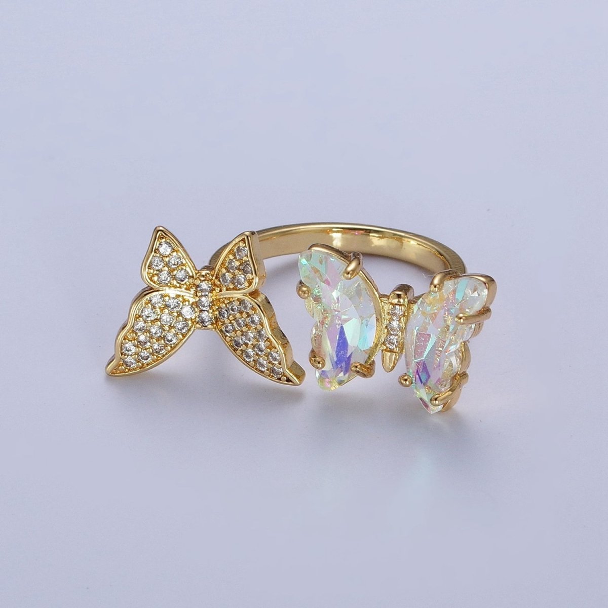 24K Gold Filled Micro Pave Cubic Zirconia Butterfly & Acrylic Mariposa Double Insect Butterfly Open Ring S-243