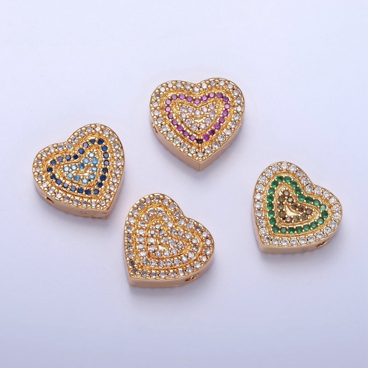 24K Gold Filled Micro Pave Cubic Zirconia Heart Spacer Bead, Multicolor Cubic Zirconia CZ Valentine Love Jewelry Making Component W-898 W-899 W-900 W-901