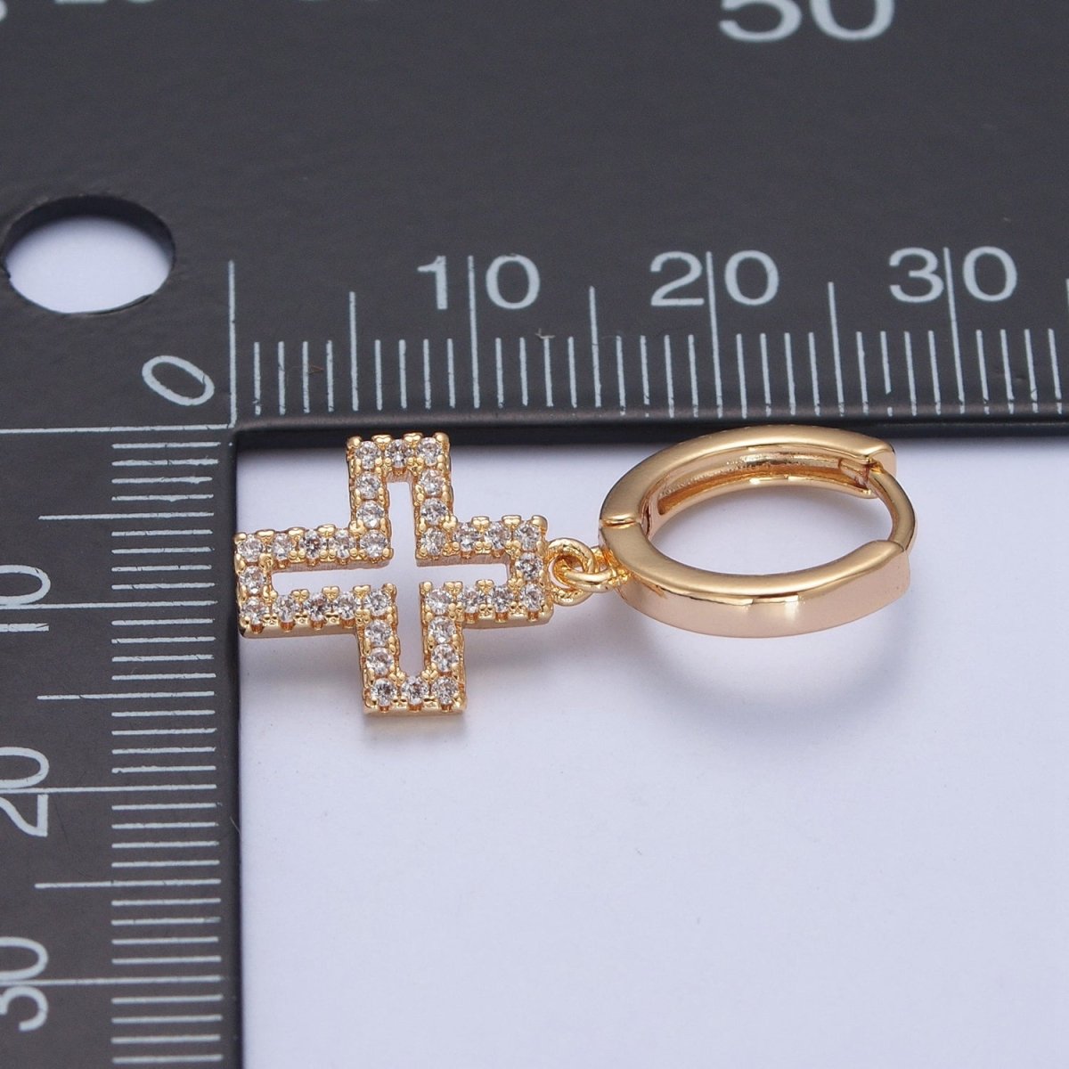 24K Gold Filled Micro Pave Cubic Zirconia Religious Cross Charm Dangle Huggie Hoop Earrings P-177