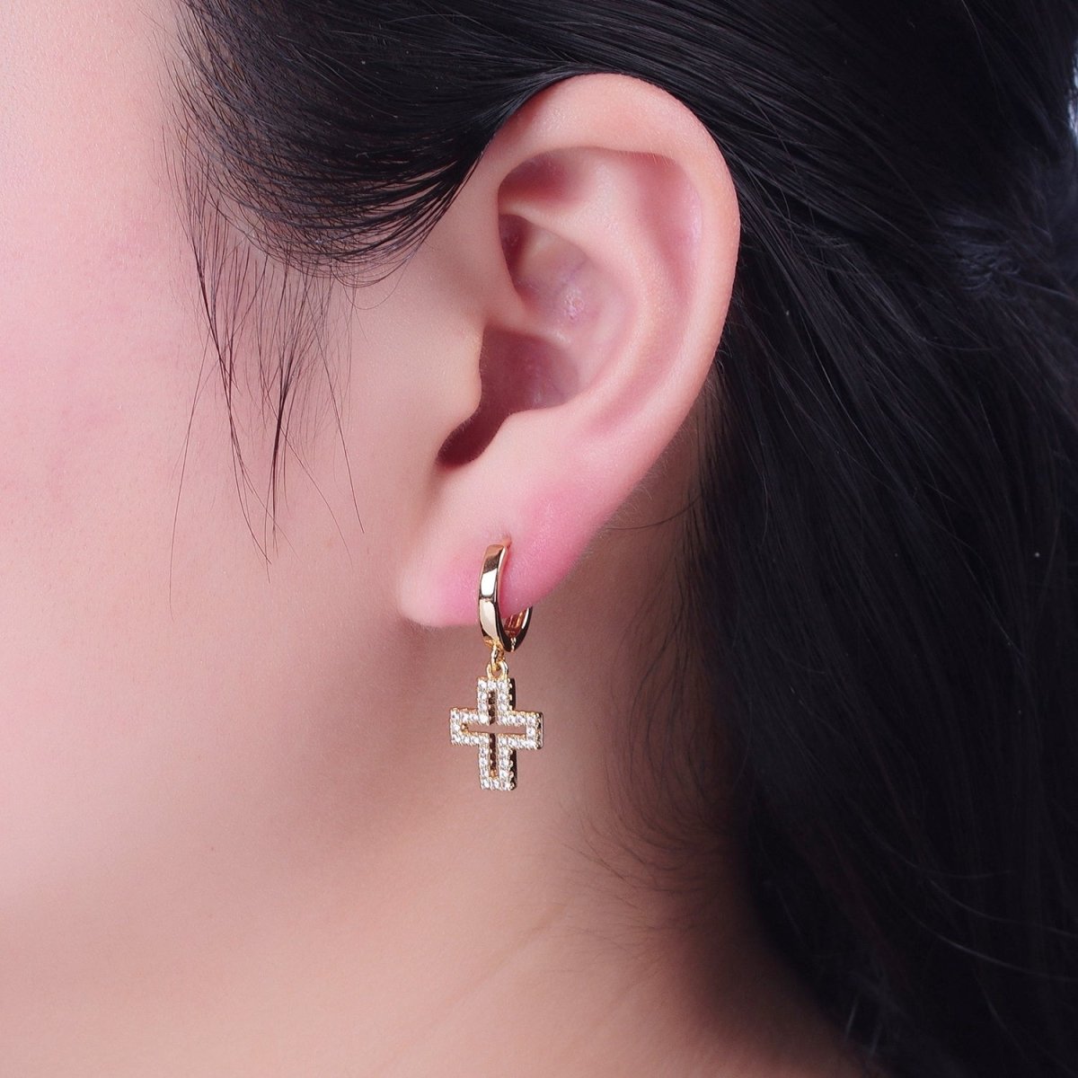 24K Gold Filled Micro Pave Cubic Zirconia Religious Cross Charm Dangle Huggie Hoop Earrings P-177