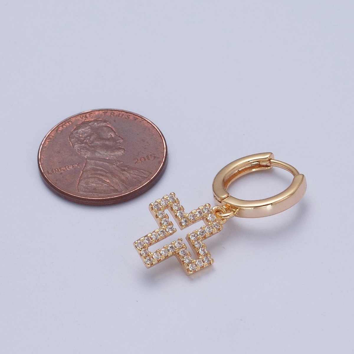24K Gold Filled Micro Pave Cubic Zirconia Religious Cross Charm Dangle Huggie Hoop Earrings P-177
