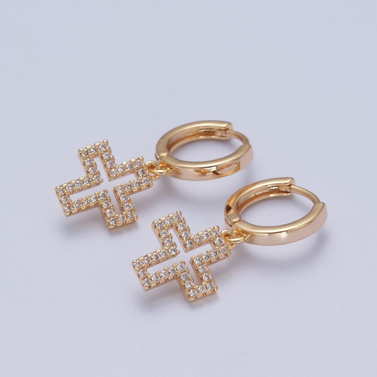 24K Gold Filled Micro Pave Cubic Zirconia Religious Cross Charm Dangle Huggie Hoop Earrings P-177