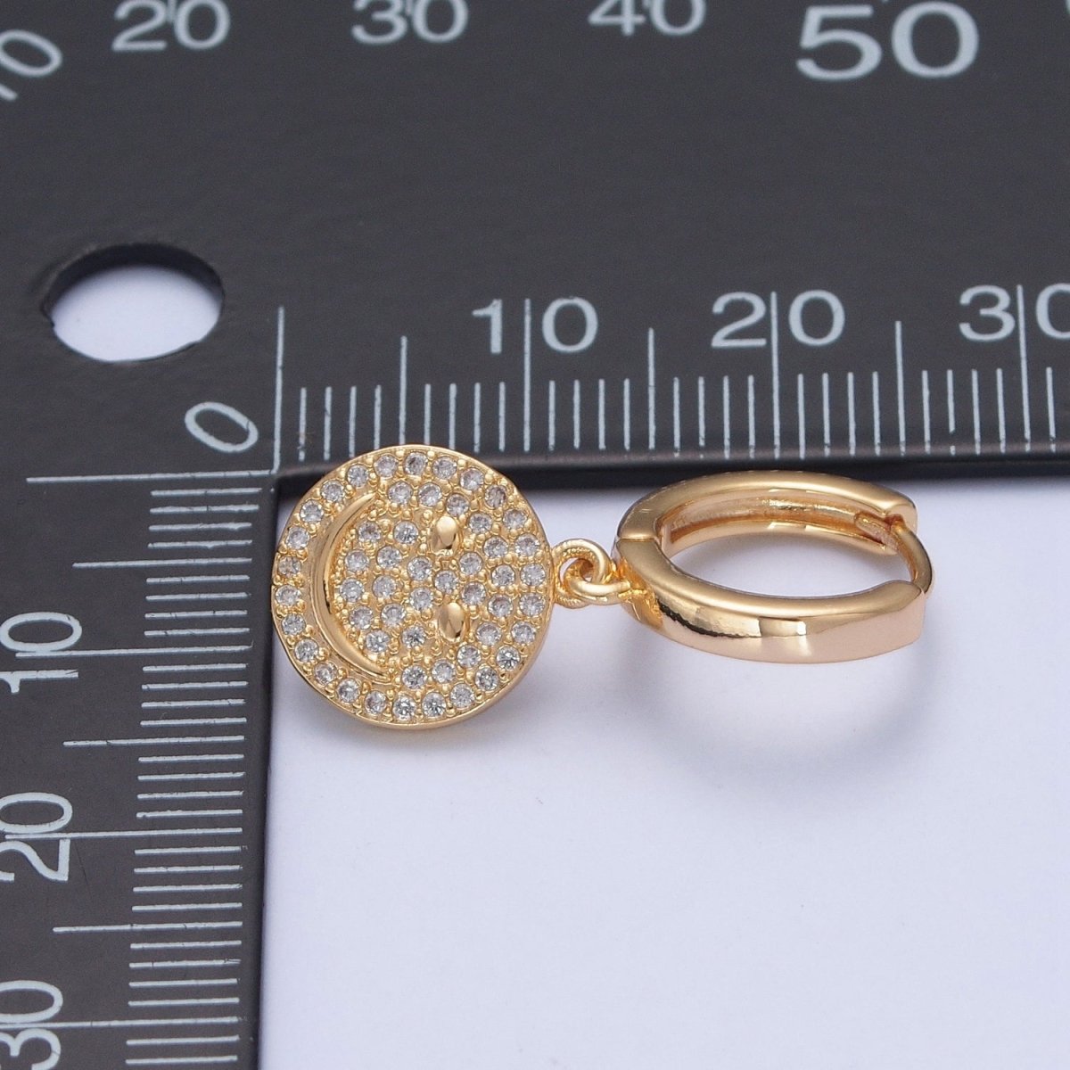 24K Gold Filled Micro Pave Cubic Zirconia Smiley Face Charm Dangle Drop Earrings T-131