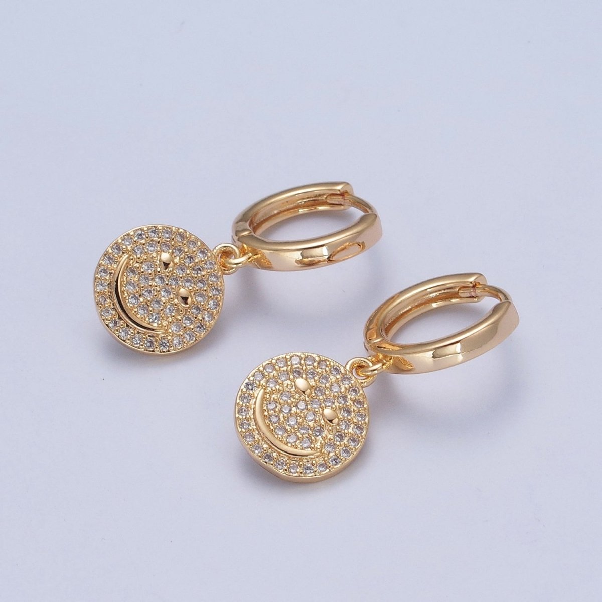 24K Gold Filled Micro Pave Cubic Zirconia Smiley Face Charm Dangle Drop Earrings T-131