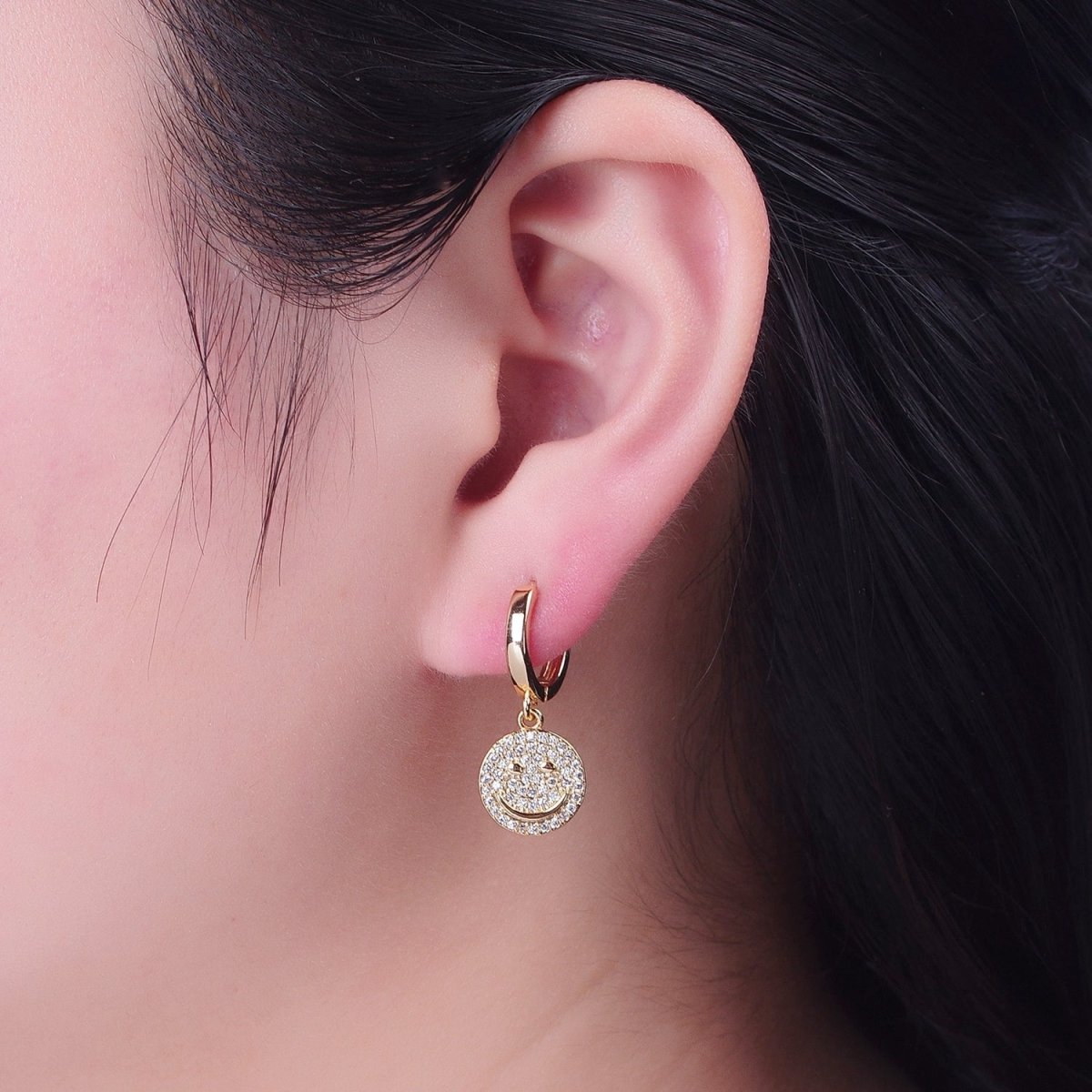 24K Gold Filled Micro Pave Cubic Zirconia Smiley Face Charm Dangle Drop Earrings T-131
