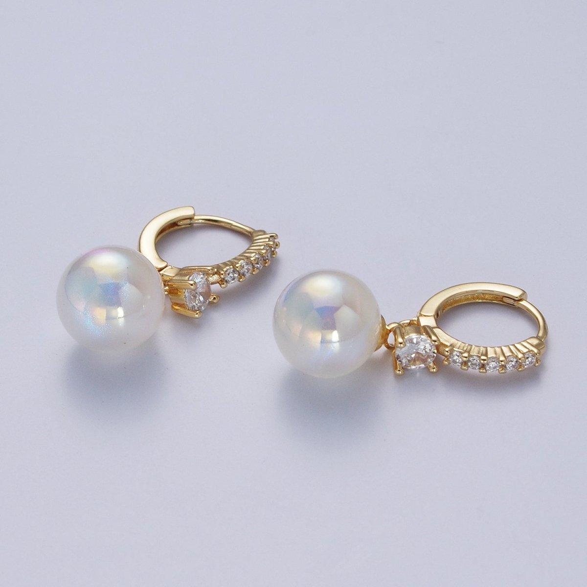 24K Gold Filled Micro Pave CZ Crystal Huggie Small Hoop Earrings with Round AB Color Ball AD-475