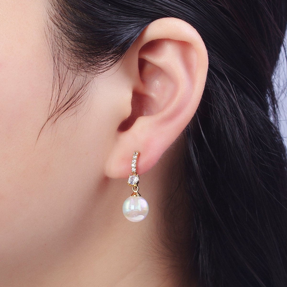 24K Gold Filled Micro Pave CZ Crystal Huggie Small Hoop Earrings with Round AB Color Ball AD-475