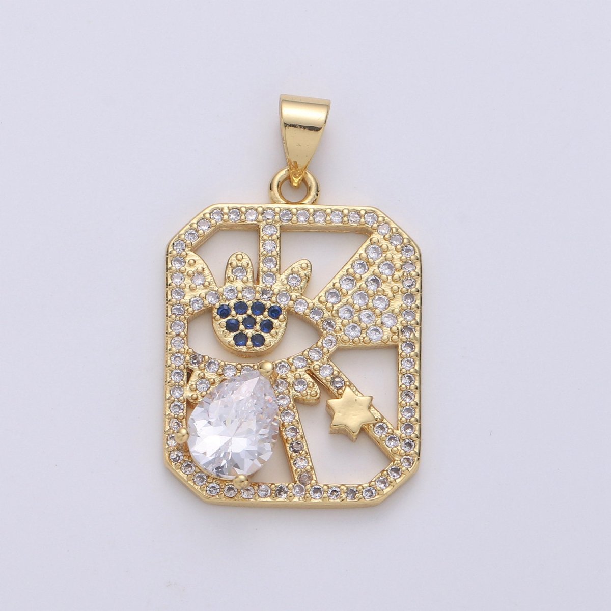 24k Gold Filled Micro Pave CZ Evil Eye Pendant Charm, Square Evil Eye Star Micro Pave CZ Pendant Charm, For DIY Jewelry I-875
