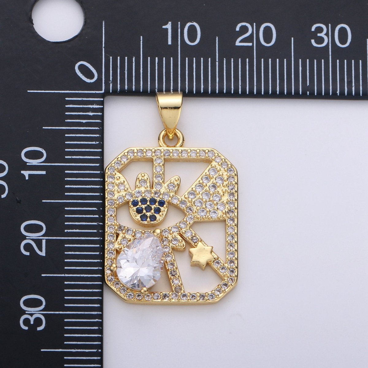 24k Gold Filled Micro Pave CZ Evil Eye Pendant Charm, Square Evil Eye Star Micro Pave CZ Pendant Charm, For DIY Jewelry I-875