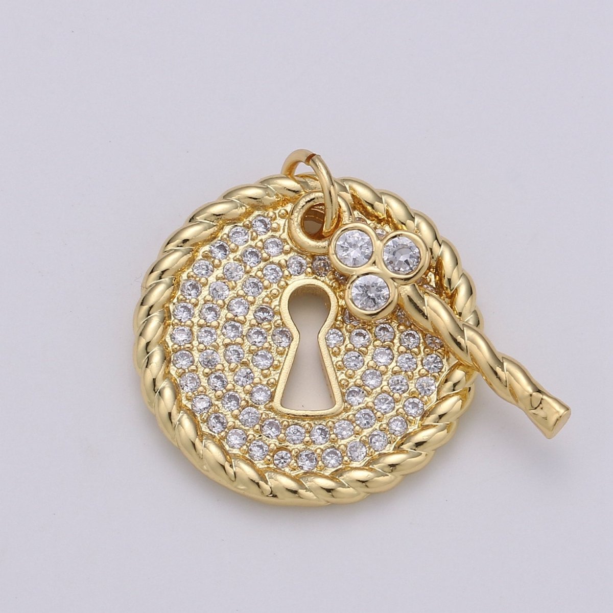 24k Gold Filled Micro Pave CZ Heart Key Pendant Charm, Micro Pave CZ Key Pendant Charm, Gold Filled Lock Pendant, For DIY Jewelry D-362