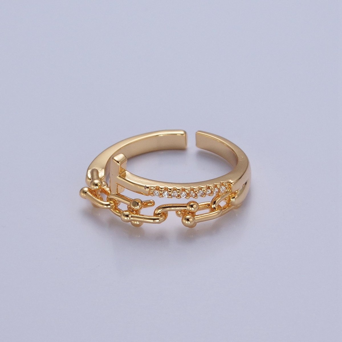 24K Gold Filled Micro Pave CZ Open T Ring with Ball Link Chain Ring O-2277 O-2278