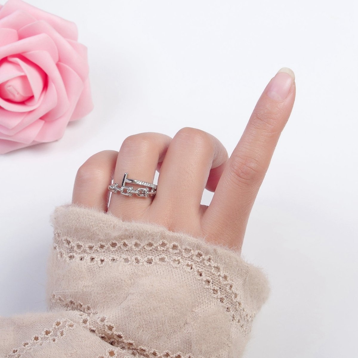 24K Gold Filled Micro Pave CZ Open T Ring with Ball Link Chain Ring O-2277 O-2278
