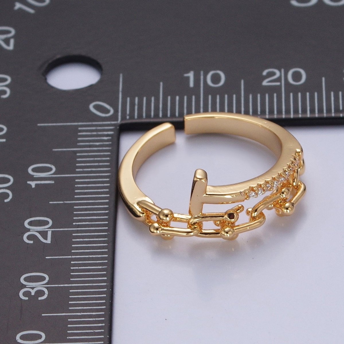 24K Gold Filled Micro Pave CZ Open T Ring with Ball Link Chain Ring O-2277 O-2278