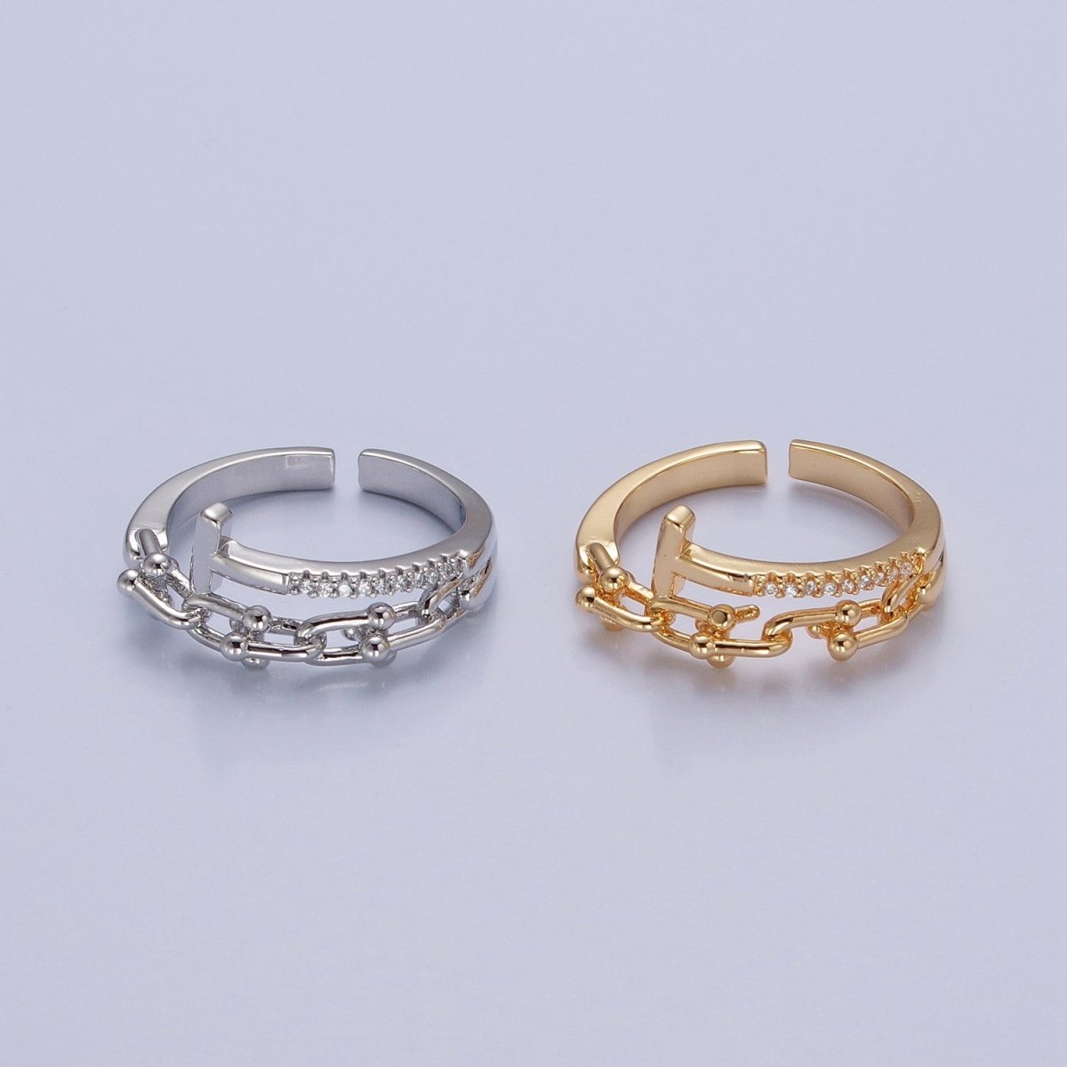 24K Gold Filled Micro Pave CZ Open T Ring with Ball Link Chain Ring O-2277 O-2278