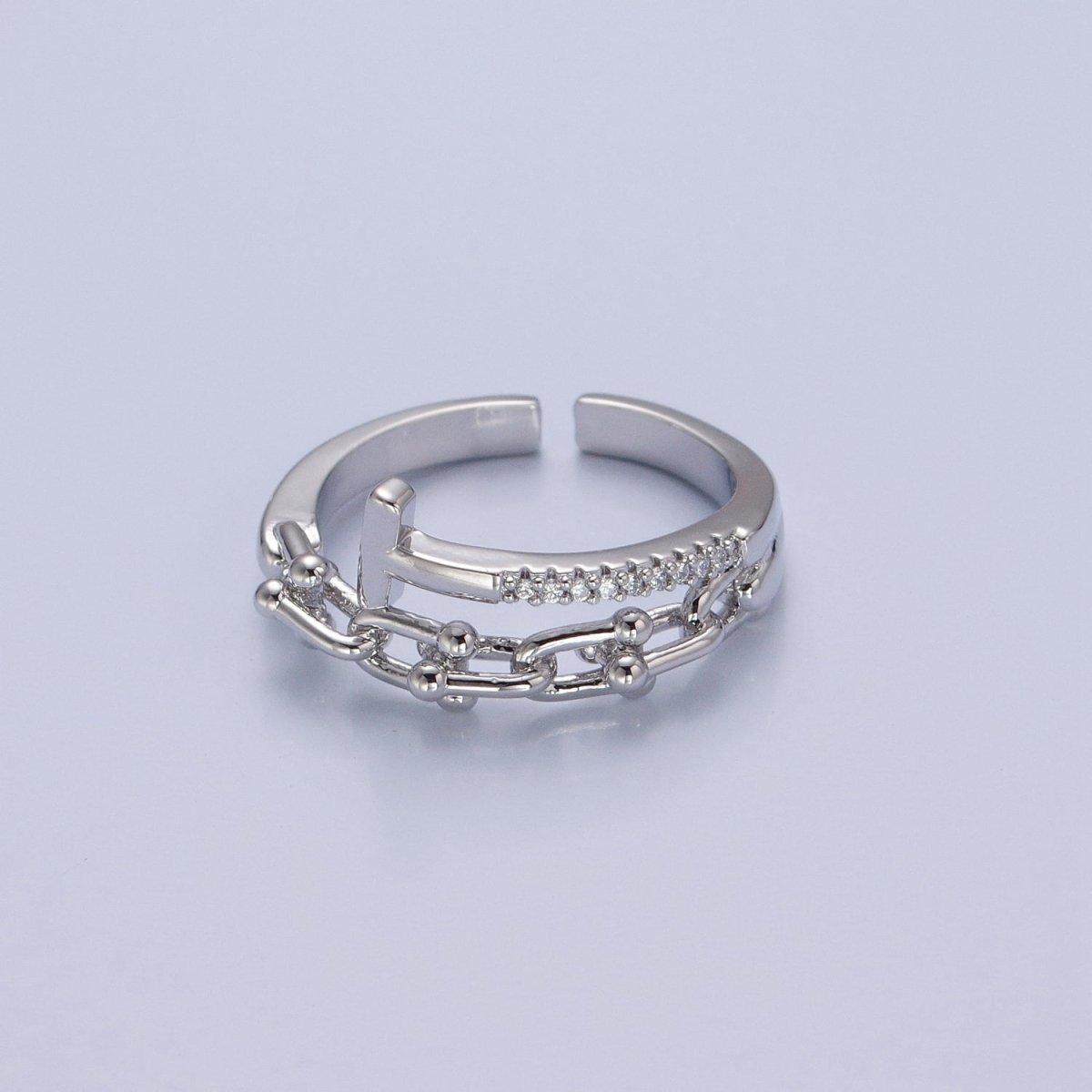 24K Gold Filled Micro Pave CZ Open T Ring with Ball Link Chain Ring O-2277 O-2278